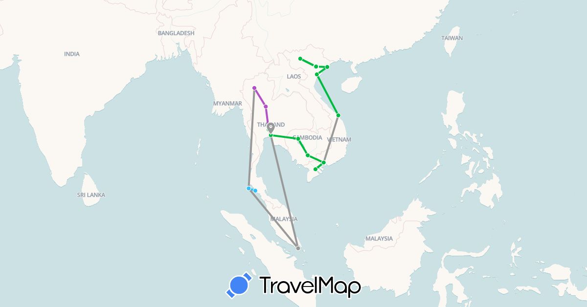 TravelMap itinerary: bus, plane, train, boat in Cambodia, Singapore, Thailand, Vietnam (Asia)